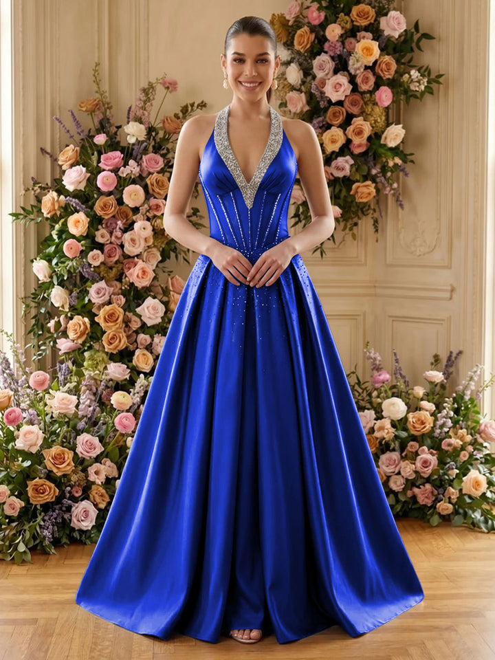 Satin A Line V Neck Pleats Ruched Evening Dresses