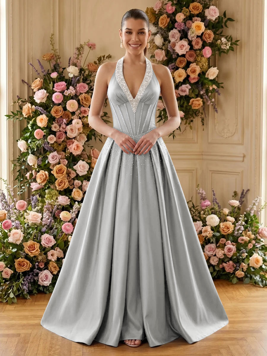 Satin A Line V Neck Pleats Ruched Evening Dresses