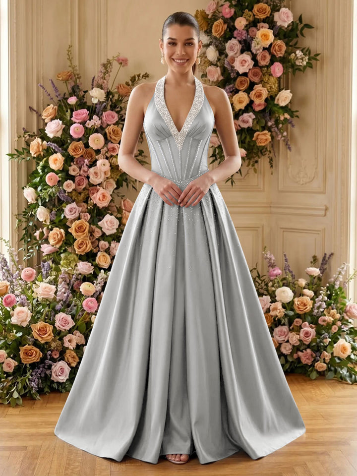 Satin A Line V Neck Pleats Ruched Evening Dresses