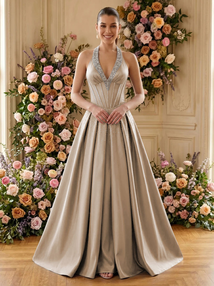 Satin A Line V Neck Pleats Ruched Evening Dresses