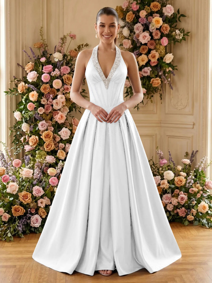 Satin A Line V Neck Pleats Ruched Evening Dresses