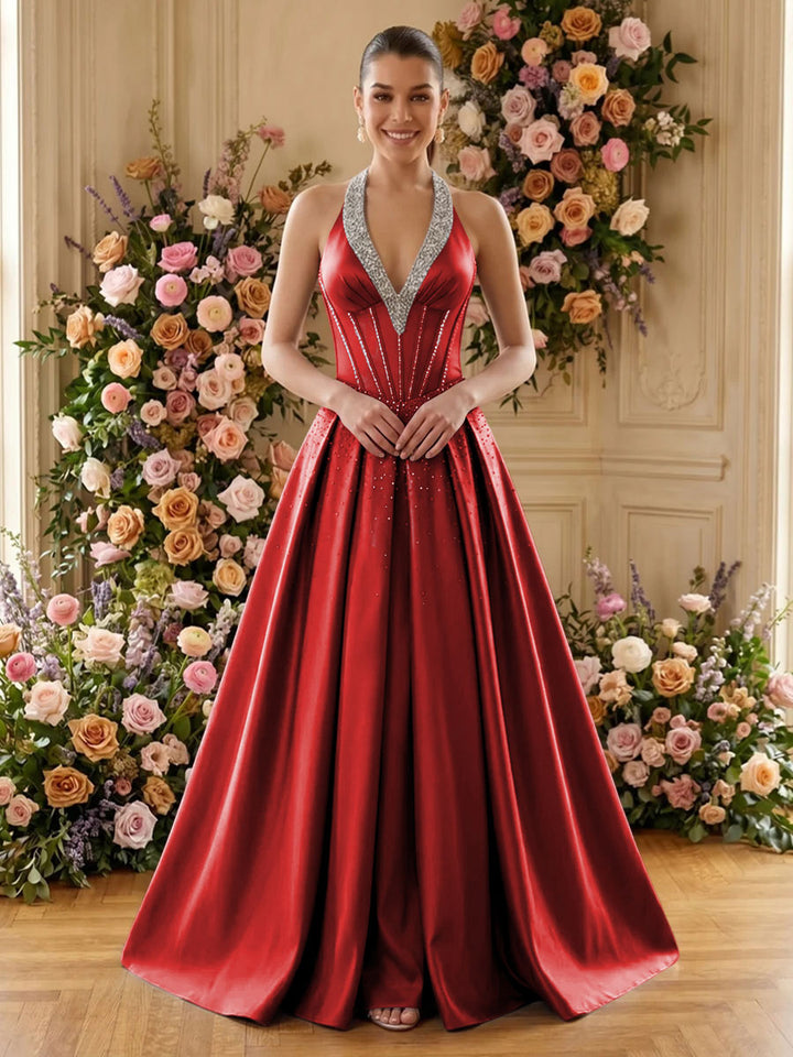 Satin A Line V Neck Pleats Ruched Evening Dresses
