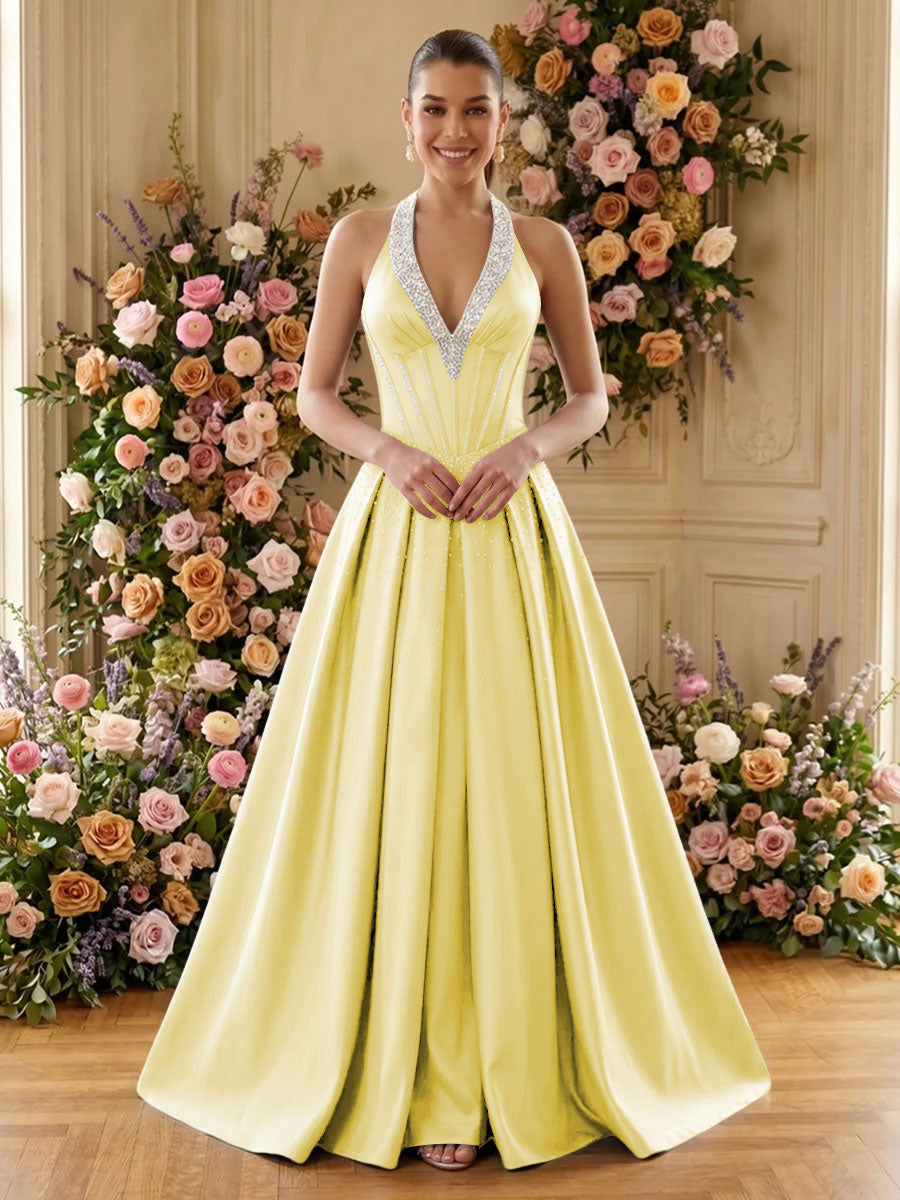 Satin A Line V Neck Pleats Ruched Evening Dresses
