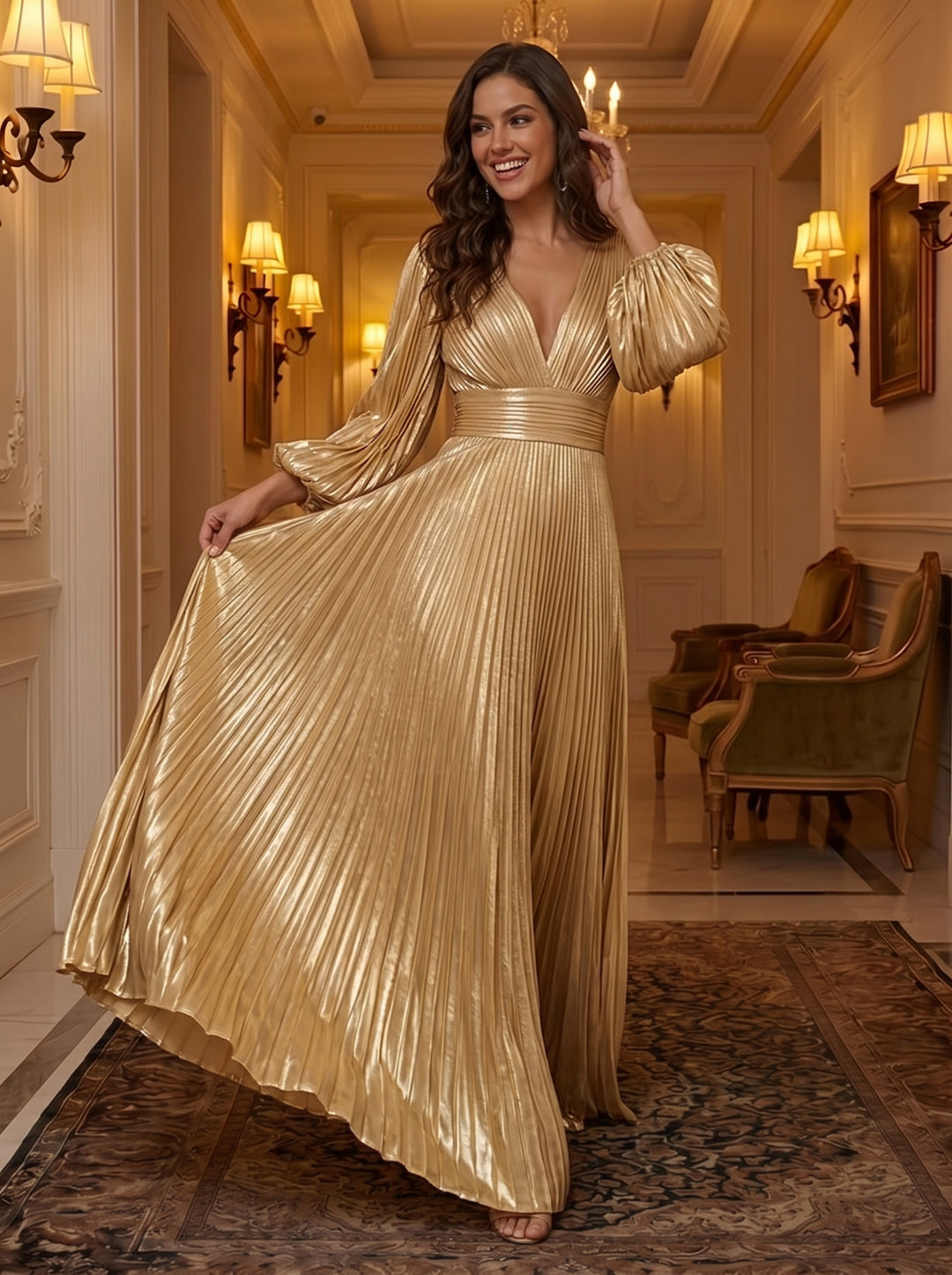 Metallic Satin A Line V Neck Ruched Glitter Evening Dresses