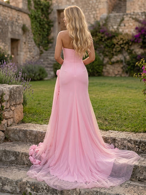 Tulle Mermaid Strapless 3D Flowers Ruched Evening Dresses
