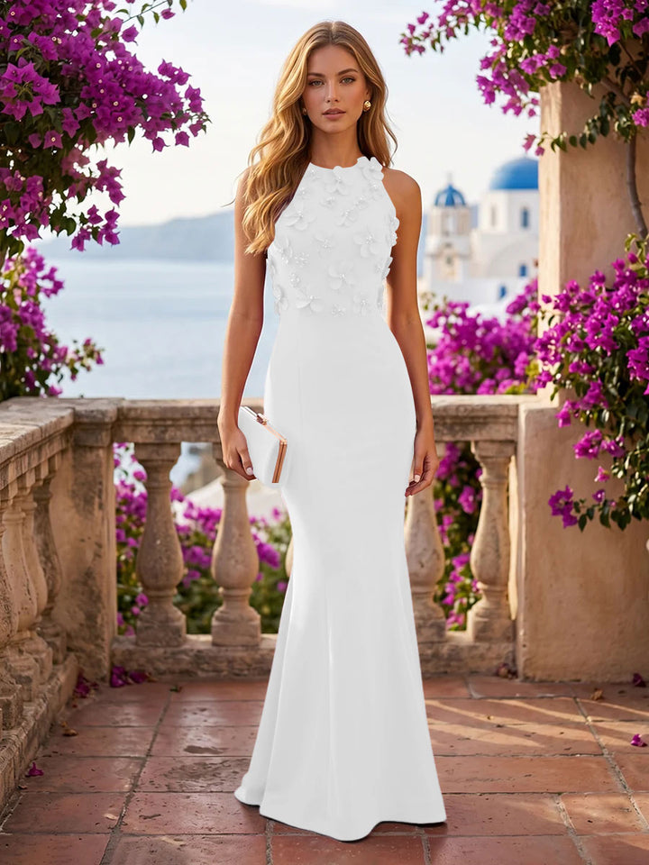Satin Mermaid Scoop Neck 3D Flowers Elegant Formal Dresses for Women