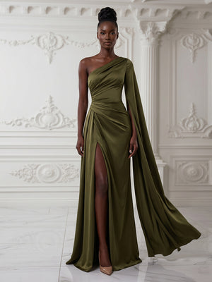Satin Mermaid One Shoulder Sash Ruched Evening Dresses