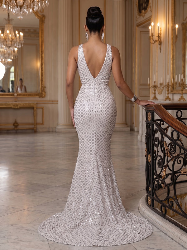 Sequin Mermaid V Neck Bow elegent Evening Dresses
