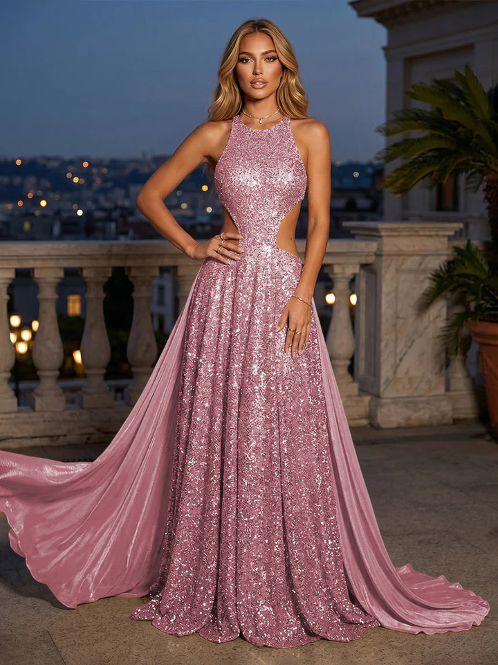 Sequin Mermaid Round Neck Cut Out Ruched Evening Dresses