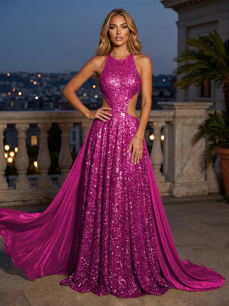 Sequin Mermaid Round Neck Cut Out Ruched Evening Dresses