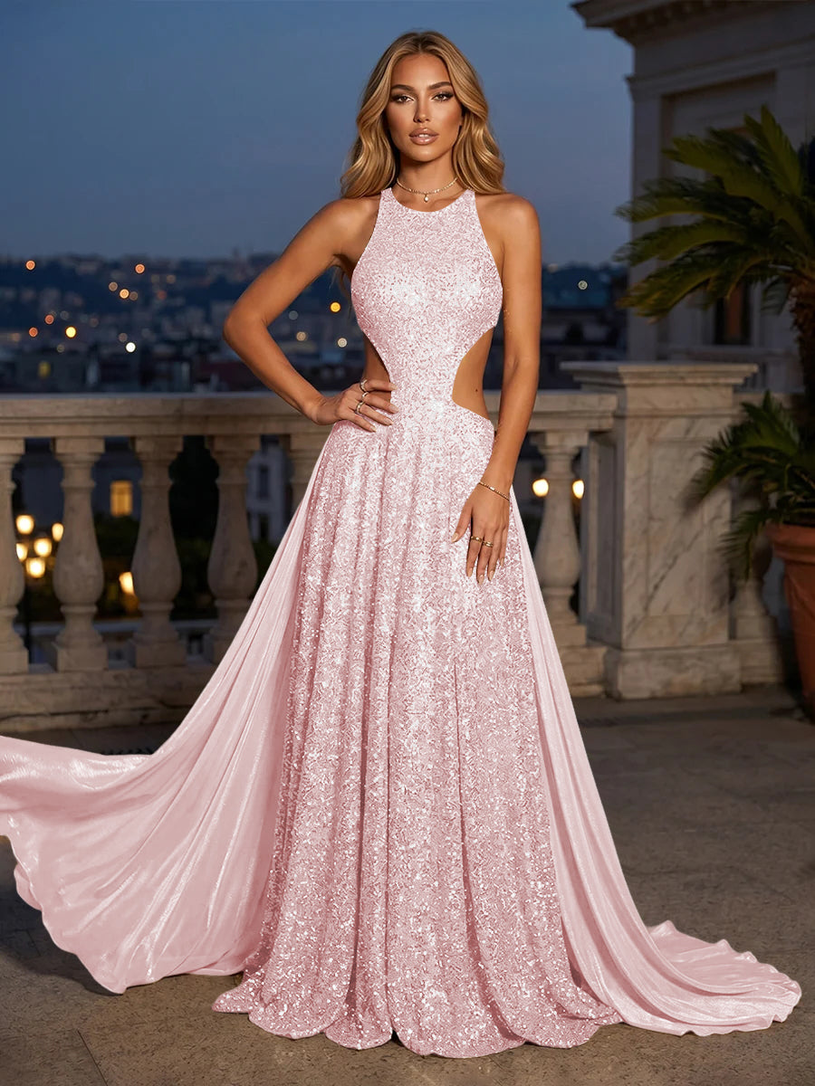 Sequin Mermaid Round Neck Cut Out Ruched Evening Dresses