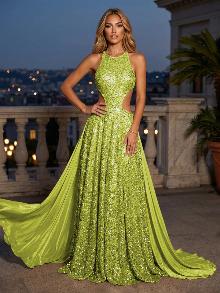 Sequin Mermaid Round Neck Cut Out Ruched Evening Dresses