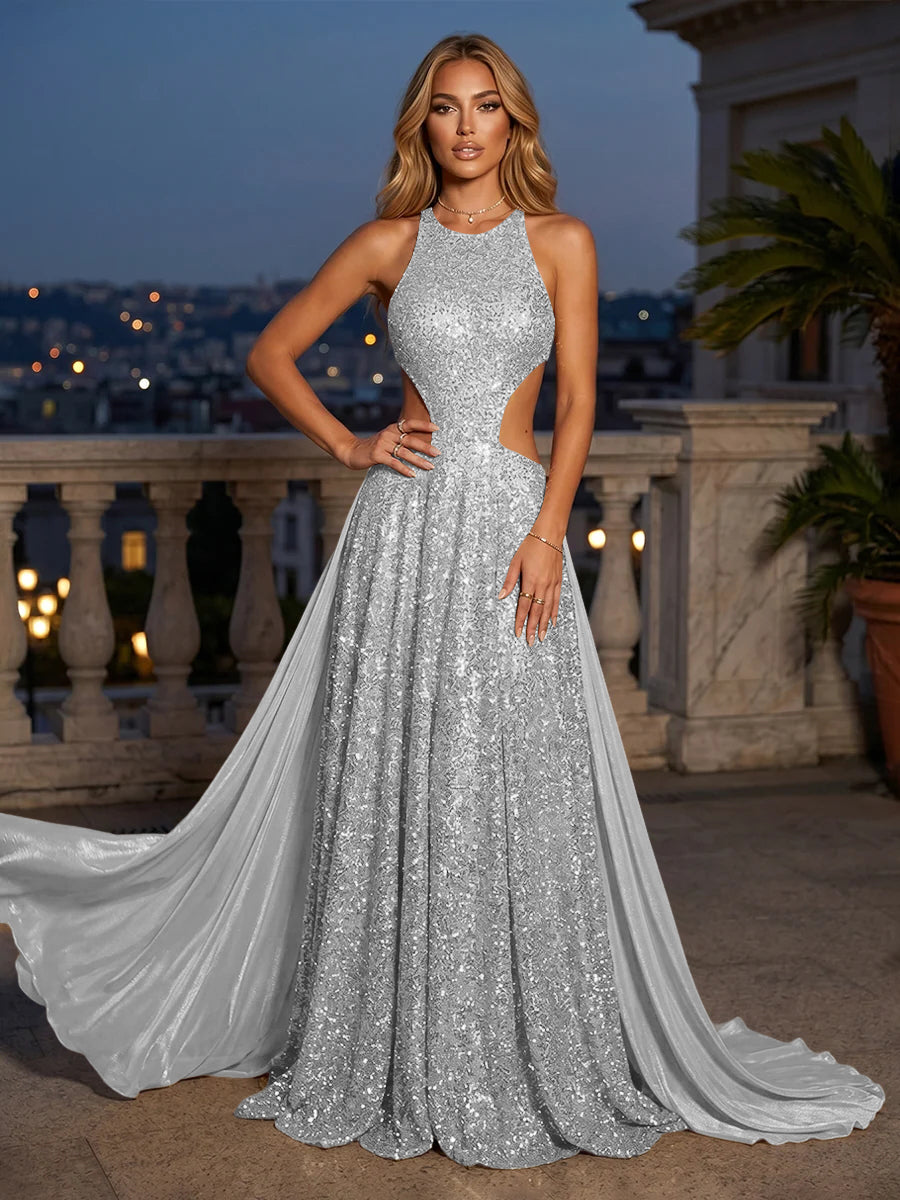 Sequin Mermaid Round Neck Cut Out Ruched Evening Dresses