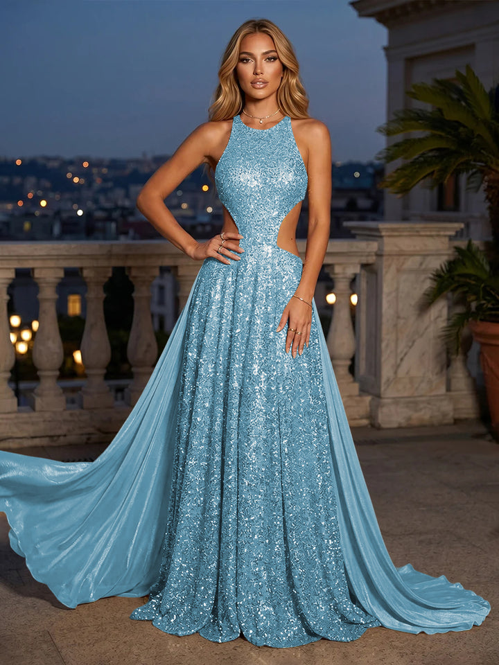 Sequin Mermaid Round Neck Cut Out Ruched Evening Dresses