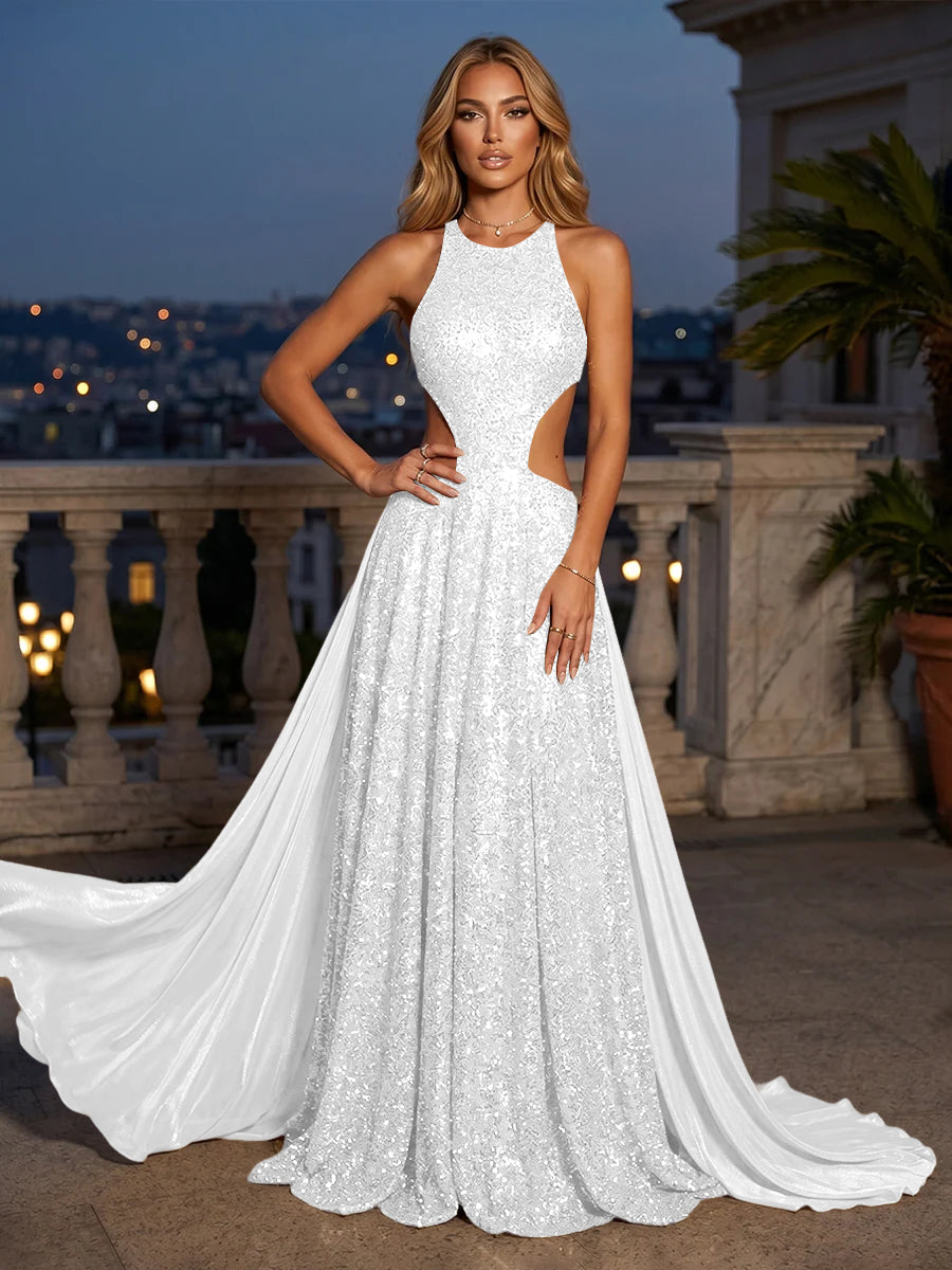 Sequin Mermaid Round Neck Cut Out Ruched Evening Dresses