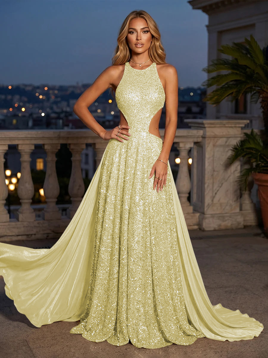 Sequin Mermaid Round Neck Cut Out Ruched Evening Dresses