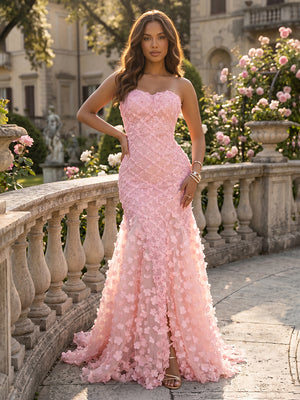 Tulle Mermaid Strapless Sequin Ruched Evening Dresses