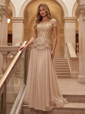 Sequin Sheath Round Neck Corset Pleats Evening Dresses