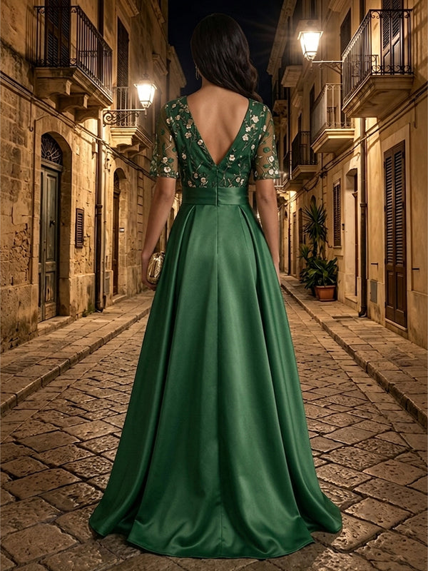 Satin A Line V Neck Embroidery Ruched Evening Dresses