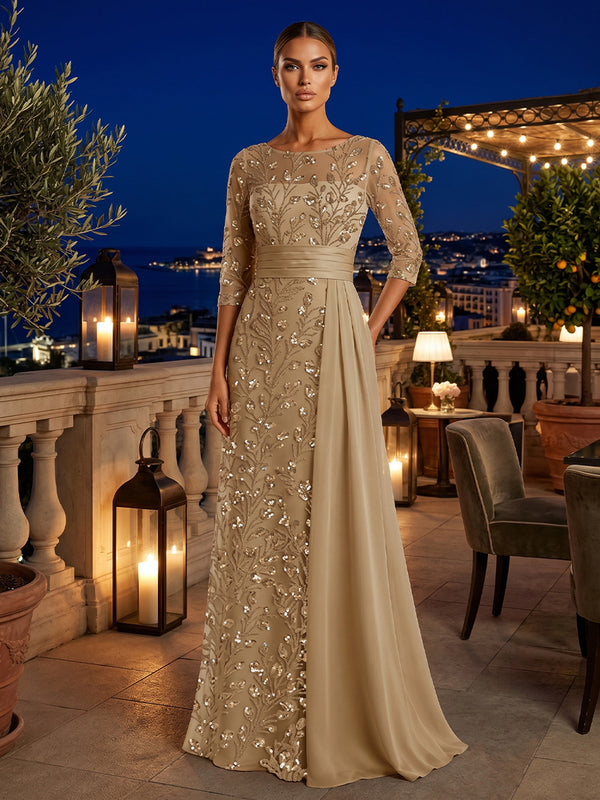 Sequin Floral Sheath Scoop Neck Sash Ruched Evening Dresses
