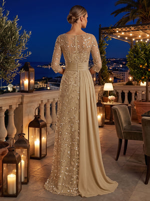 Sequin Floral Sheath Scoop Neck Sash Ruched Evening Dresses