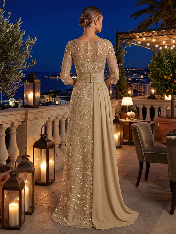 Sequin Floral Sheath Scoop Neck Sash Ruched Evening Dresses
