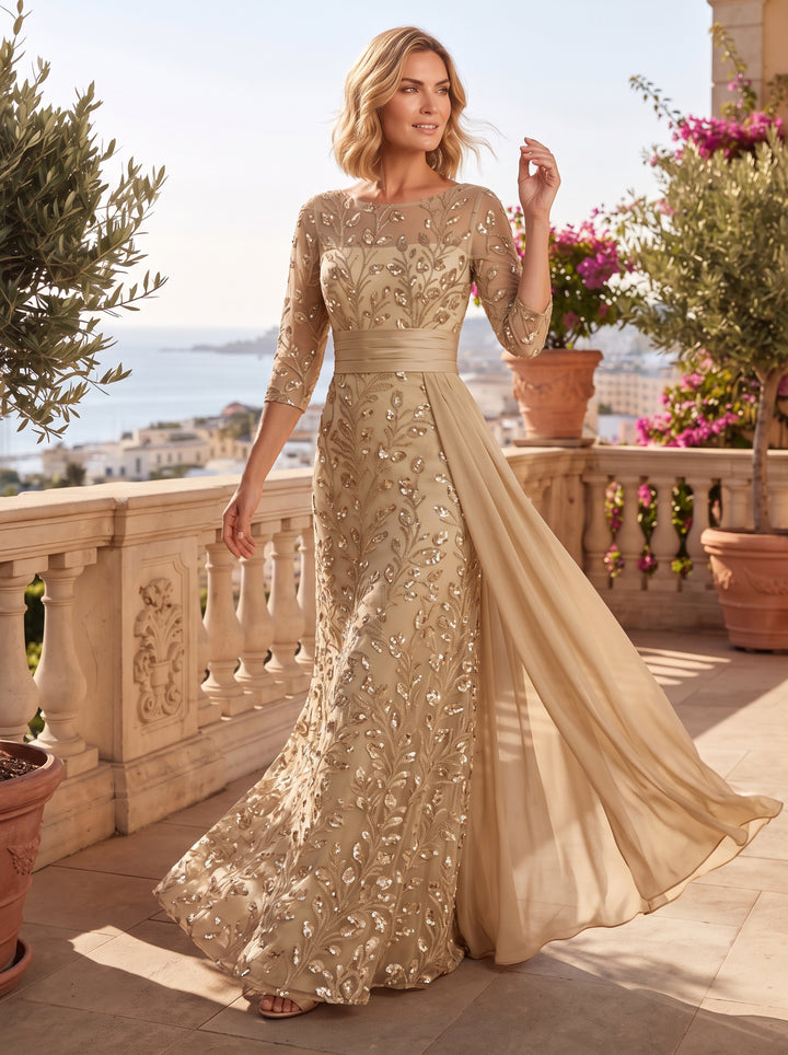 Sequin Floral Sheath Scoop Neck Sash Ruched Mother of the Bride Dresses