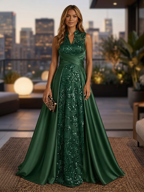 Satin A Line High Neck Sequin Floral Ruched Evening Dresses