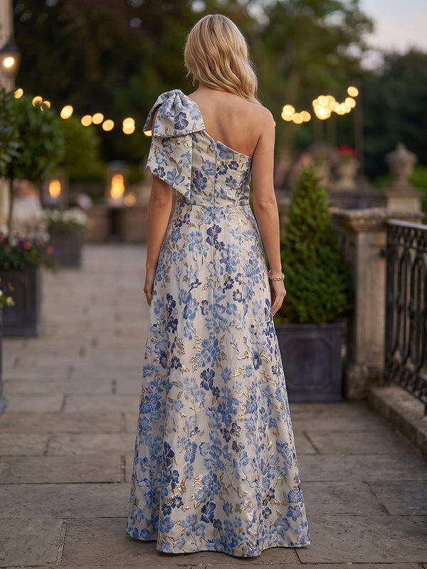 Jacquard A Line One Shoulder Bow Pleats Evening Dresses