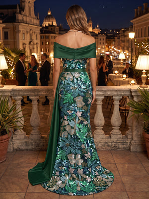 Sequin Floral Mermaid Off the Shoulder Sash Ruched Evening Dresses