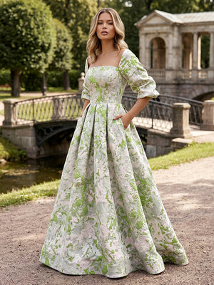 Jacquard A Line Square Neck Pleats Ruched Evening Dresses