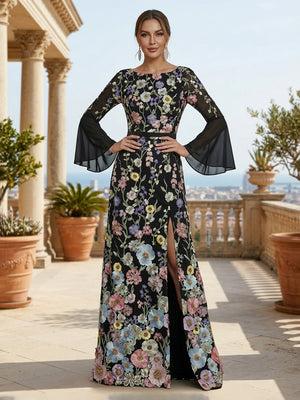Embroidery Sheath Round Neck Side Slit Ruched Evening Dresses