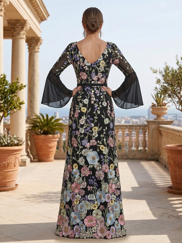 Embroidery Sheath Round Neck Side Slit Ruched Evening Dresses