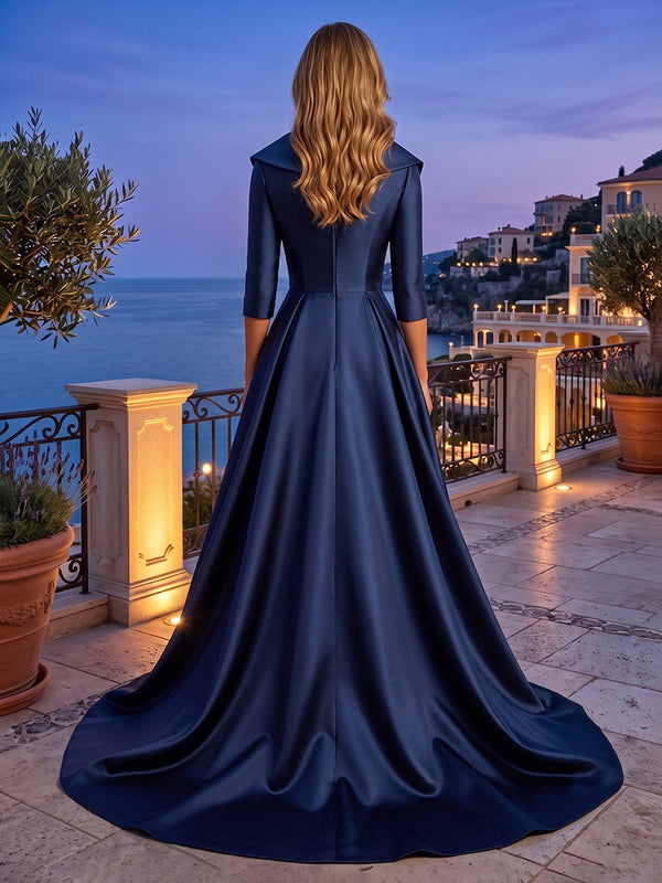 Satin A Line V Neck Lace Appliques Ruched Evening Dresses