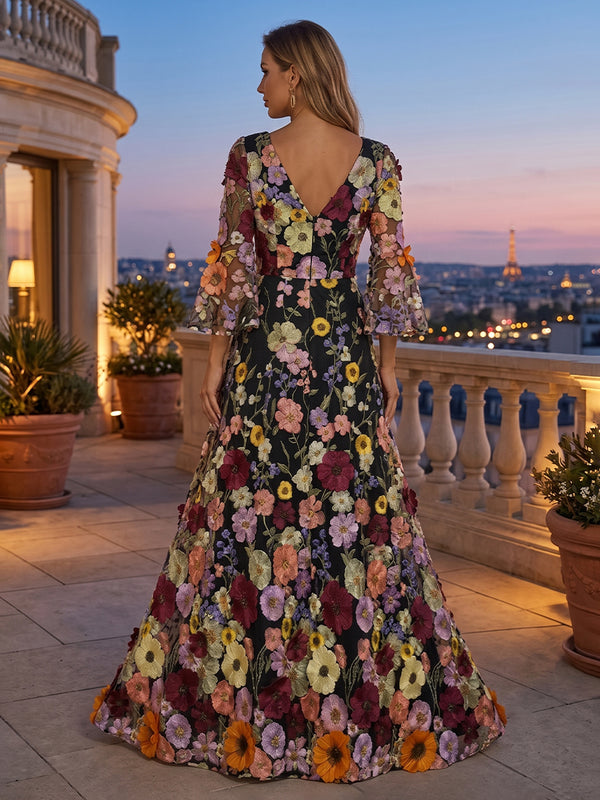 Embroidery A Line V Neck Pleats Ruched Evening Dresses