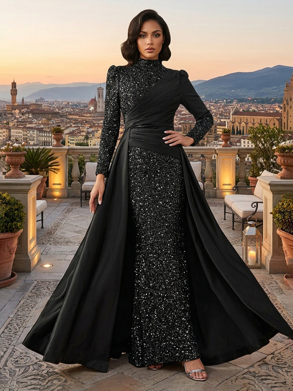Sequin A Line High Neck Pleats Ruched Evening Dresses