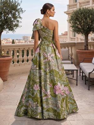 Jacquard A Line One Shoulder Bow Ruched Evening Dresses