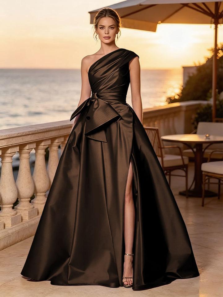 Satin A Line One Shoulder Sash Side Slit Evening Dresses
