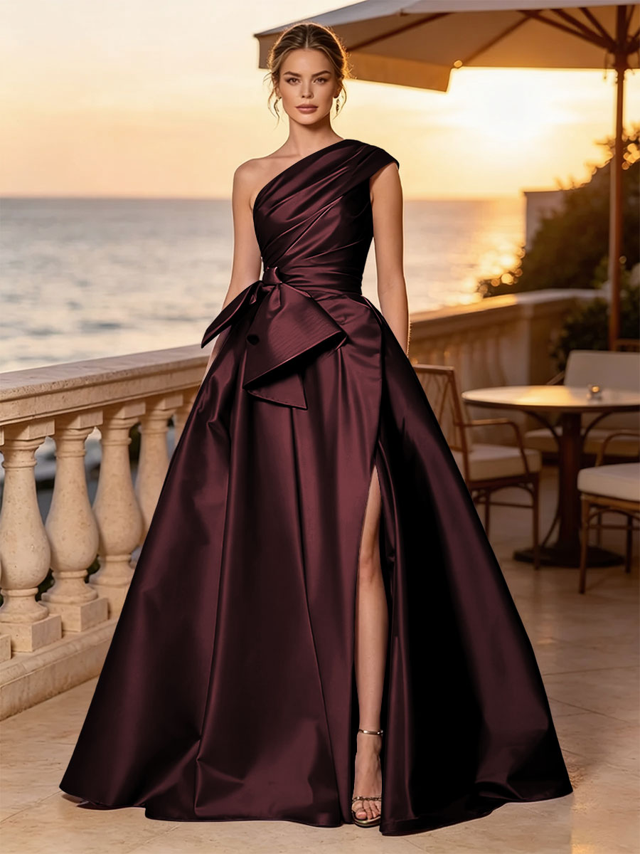 Satin A Line One Shoulder Sash Side Slit Evening Dresses