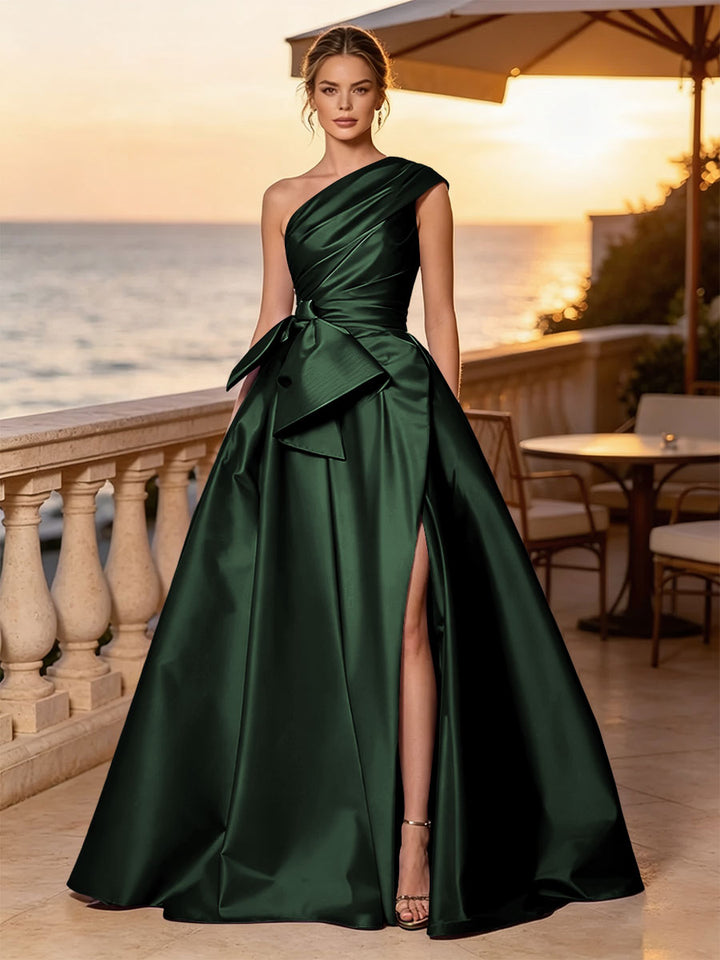 Satin A Line One Shoulder Sash Side Slit Evening Dresses