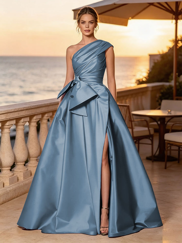 Satin A Line One Shoulder Sash Side Slit Evening Dresses