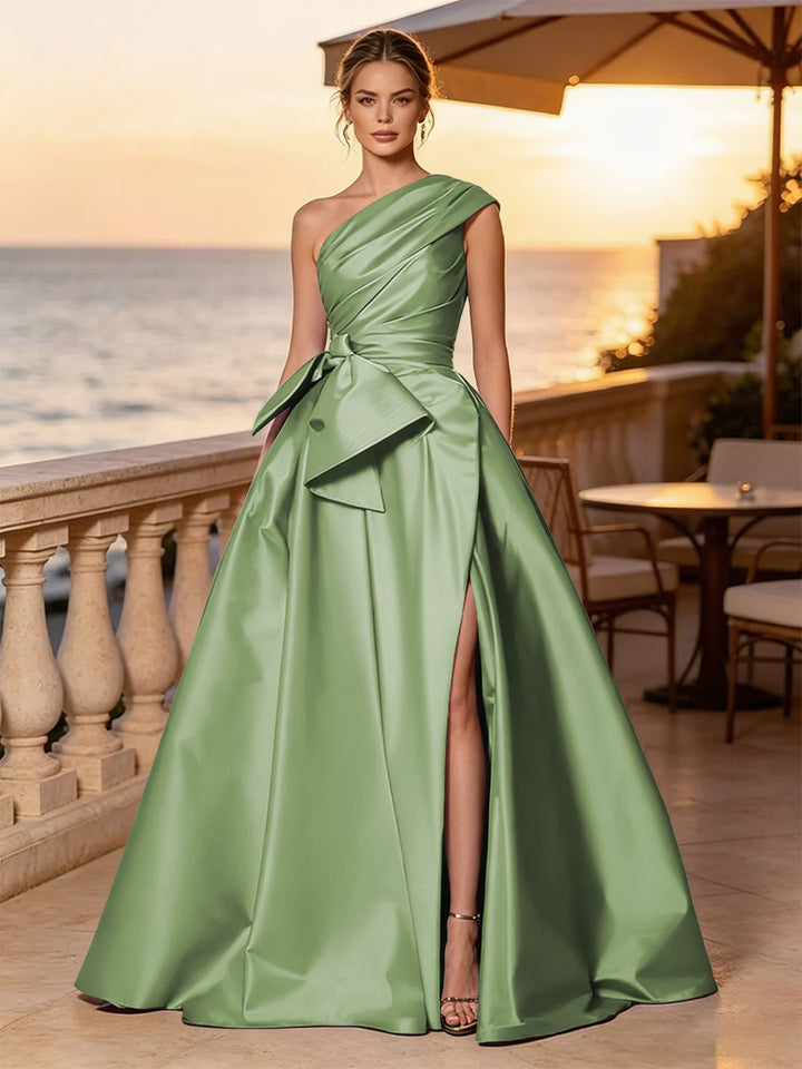Satin A Line One Shoulder Sash Side Slit Evening Dresses