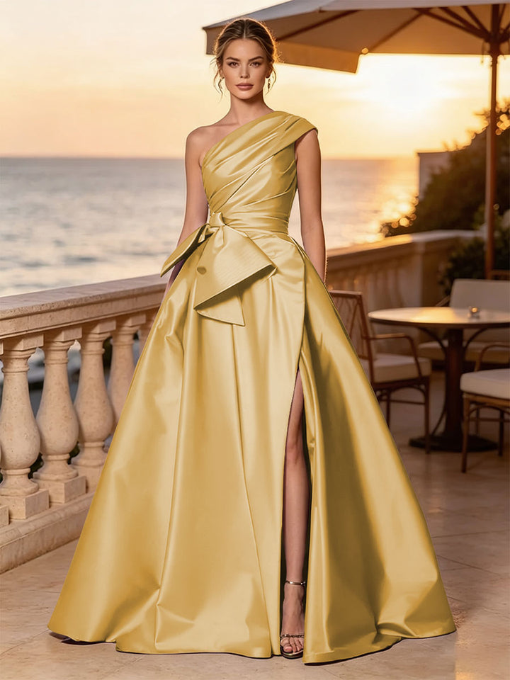 Satin A Line One Shoulder Sash Side Slit Evening Dresses