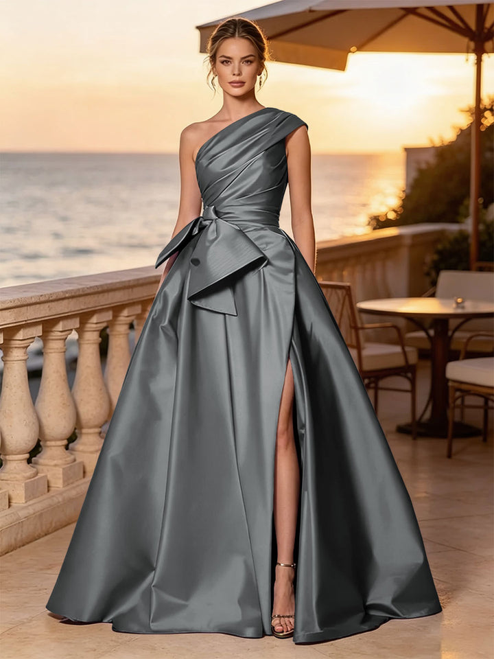 Satin A Line One Shoulder Sash Side Slit Evening Dresses