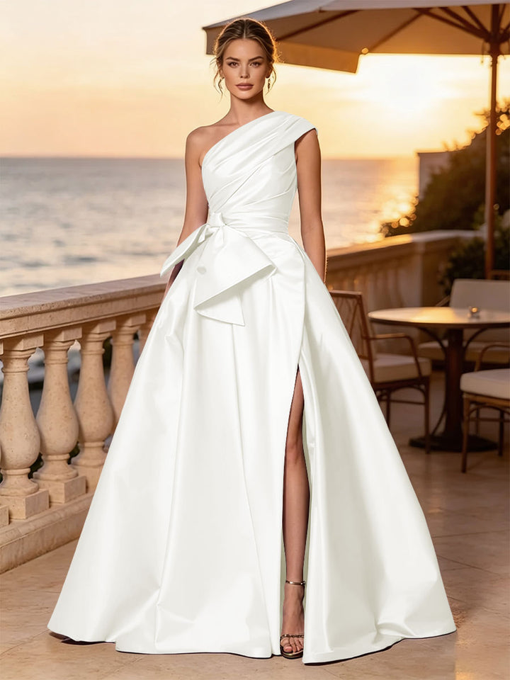 Satin A Line One Shoulder Sash Side Slit Evening Dresses