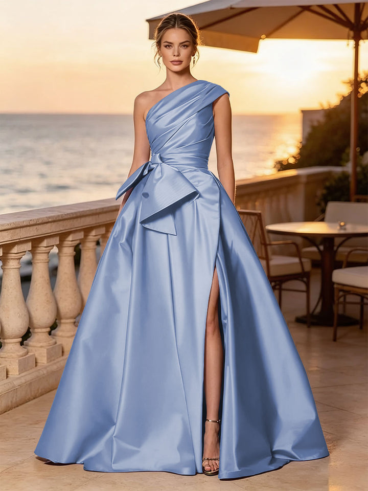 Satin A Line One Shoulder Sash Side Slit Evening Dresses