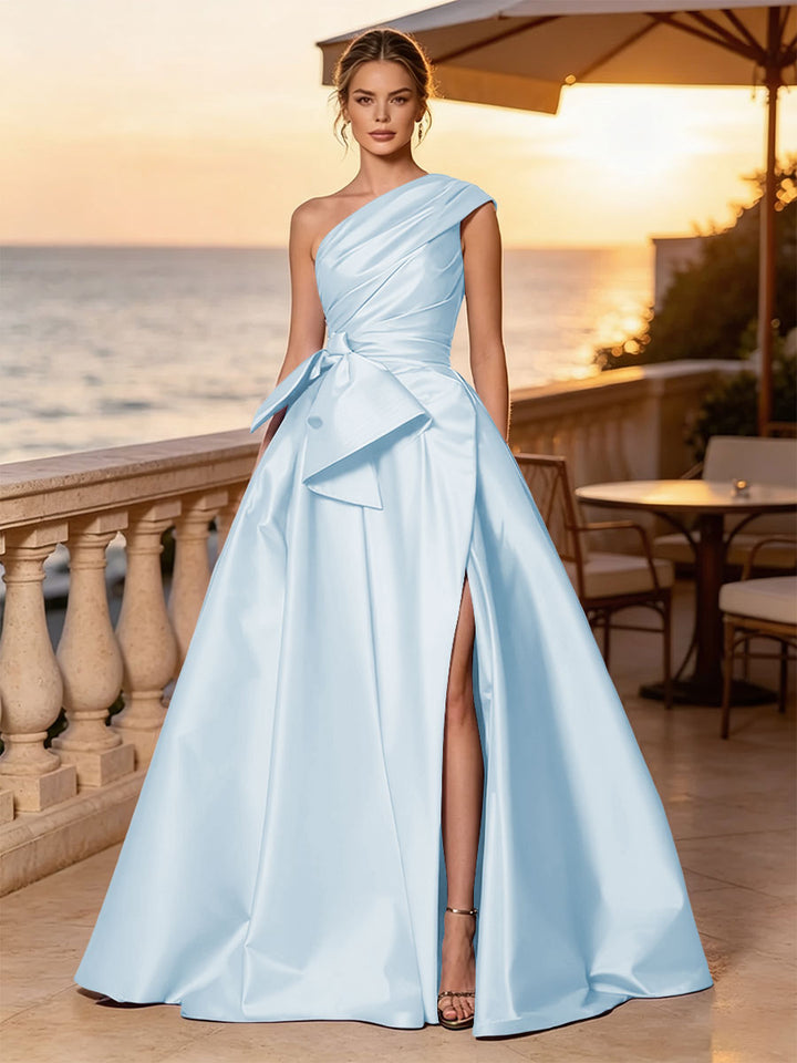 Satin A Line One Shoulder Sash Side Slit Evening Dresses