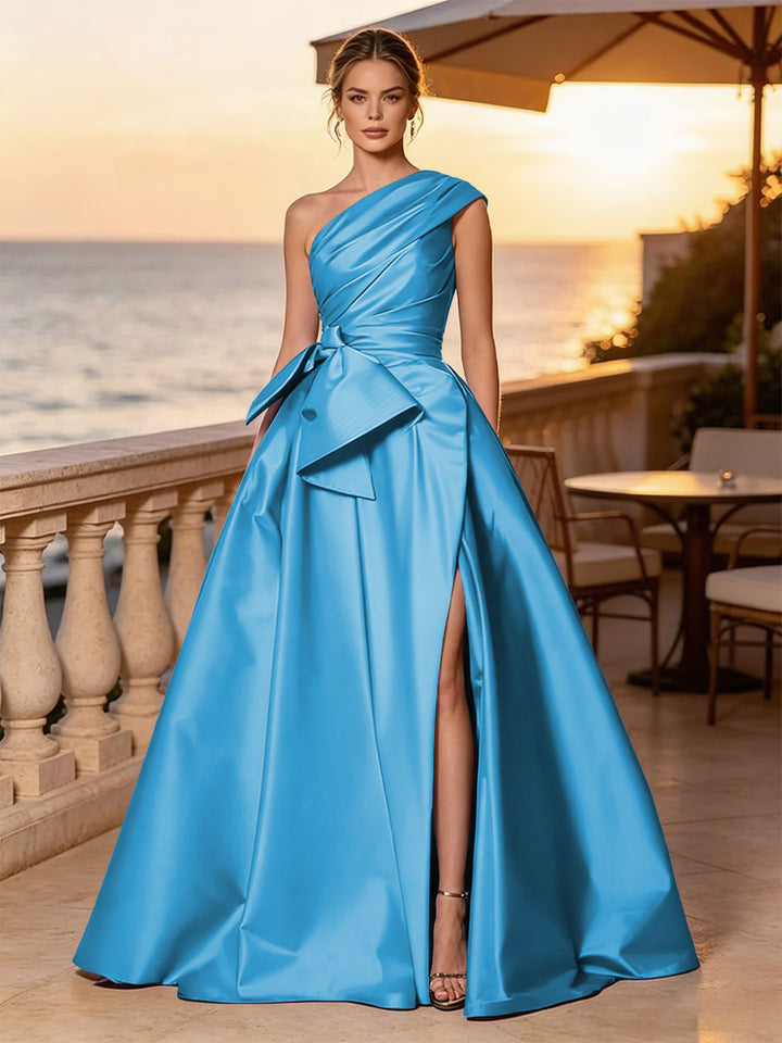 Satin A Line One Shoulder Sash Side Slit Evening Dresses