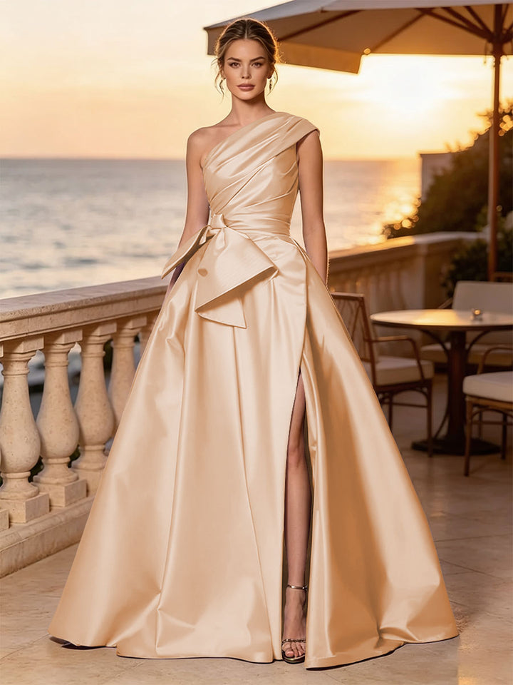 Satin A Line One Shoulder Sash Side Slit Evening Dresses