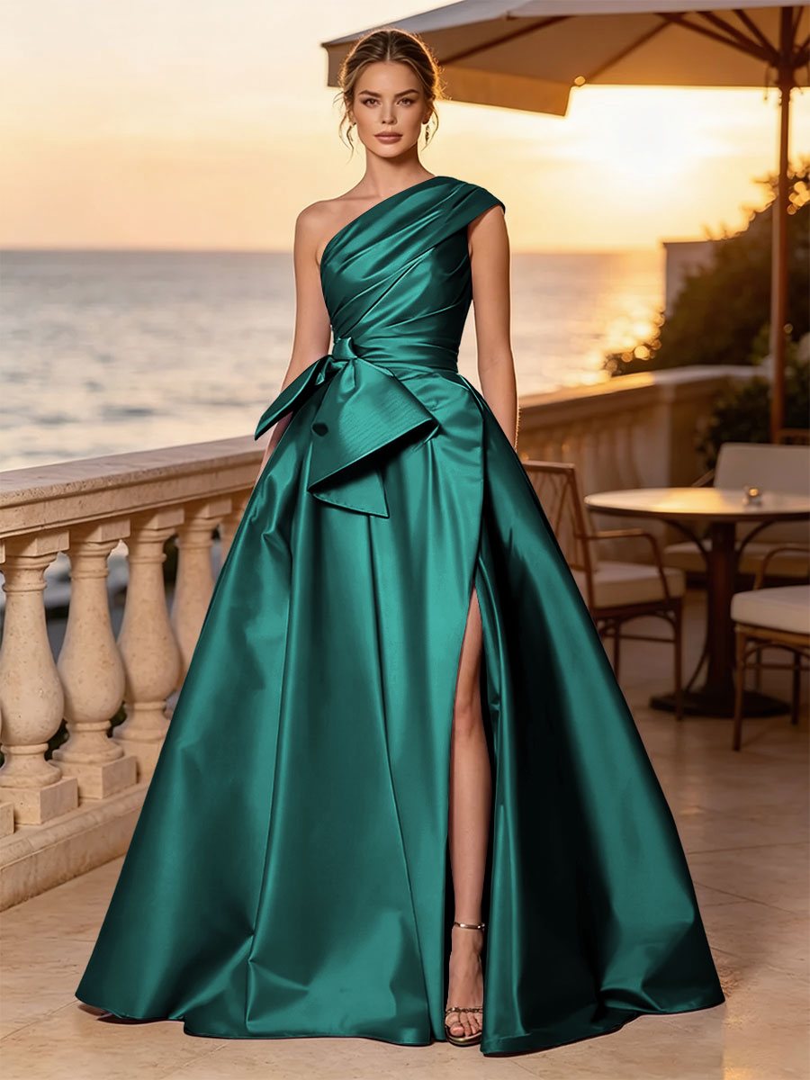 Satin A Line One Shoulder Sash Side Slit Evening Dresses